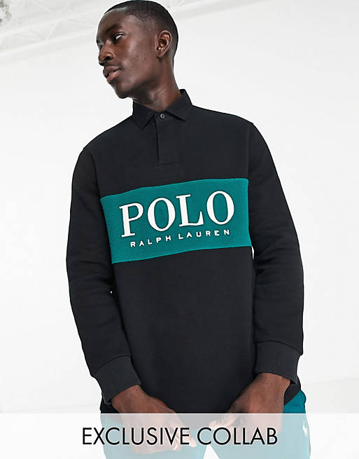 Polo Ralph Lauren x ASOS exclusive collab rugby polo shirt in black with polar fleece chest panel