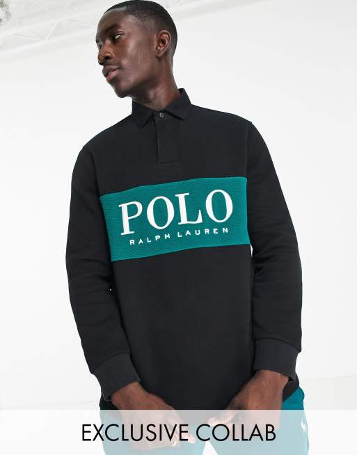 Polo Ralph Lauren x ASOS exclusive collab rugby polo shirt in black with polar fleece chest panel