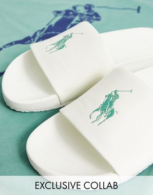 Polo Ralph Lauren x ASOS exclusive collab slider in cream with green pony logo