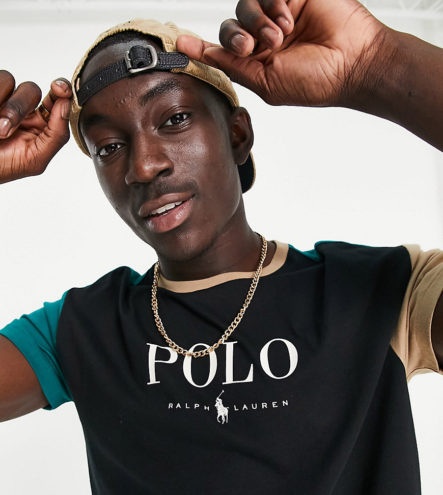 Polo Ralph Lauren x ASOS exclusive collab t-shirt in black with color block sleeves and central text logo-Multi