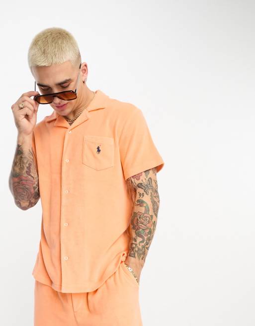 Polo Ralph Lauren x ASOS exclusive collab terry towelling revere collar  shirt in orange with back print logo