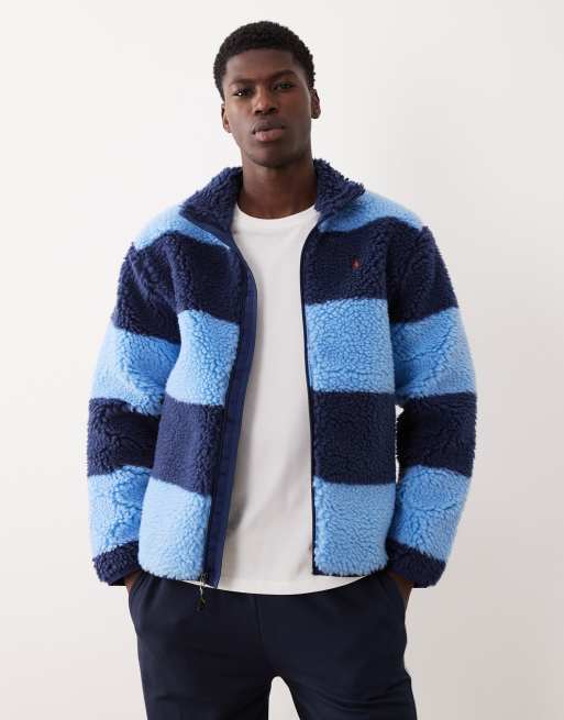 Polo Ralph Lauren – Zapinana na zamek kurtka z kożuszka w szerokie jasnoniebieskie i niebieskie paski z logo