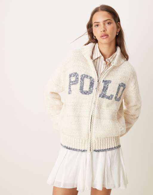 Polo Ralph Lauren – Zapinany na suwak kremowo-niebieski kardigan z kapturem