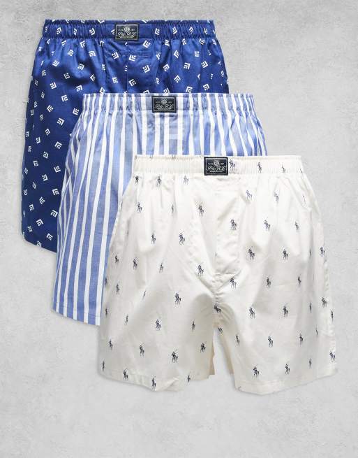 Polo Ralph Lauren – Zestaw 3 par bokserek w kolorach granatowym we wzór, niebieskim w paski i białym we wzór z logo na całej powierzchni