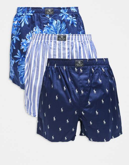 Polo Ralph Lauren – Zestaw 3 par bokserek w kolorach granatowym we wzór, niebieskim w paski i granatowym we wzór z logo na całej powierzchni