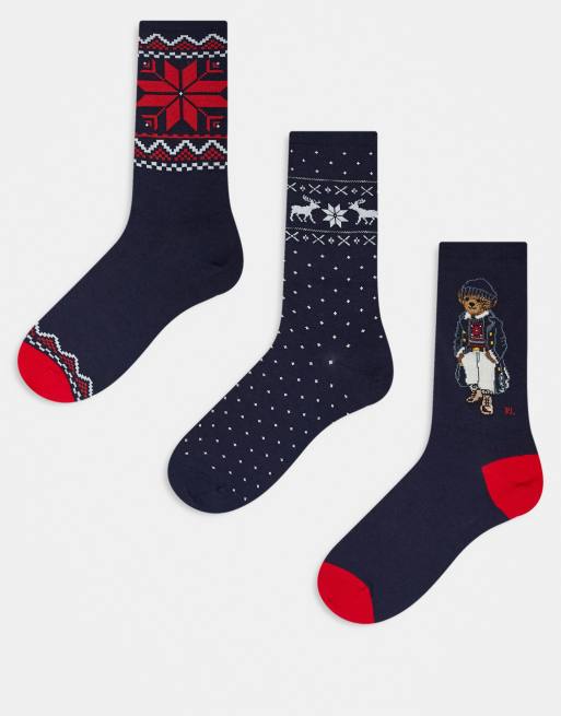 Polo Ralph Lauren – Zestaw 3 par granatowych świątecznych skarpetek z logo z misiem w pudełku prezentowym