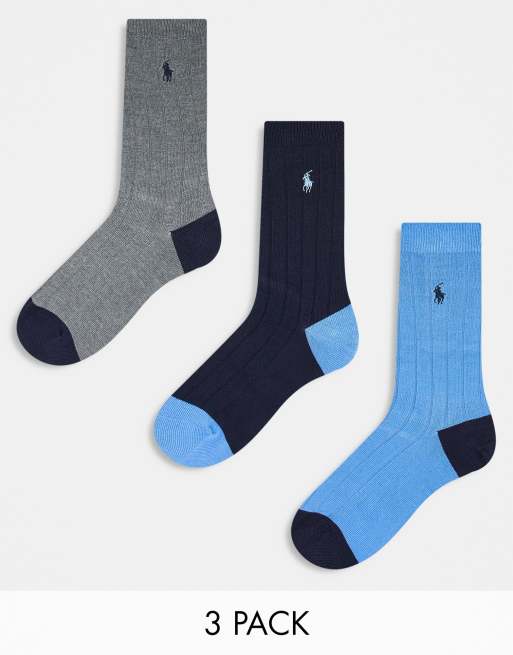 Polo Ralph Lauren – Zestaw 3 par skarpetek w kolorach niebieskim, szarym i granatowym z logo