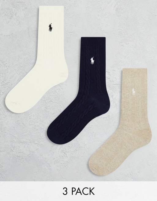 Polo Ralph Lauren – Zestaw 3 par skarpetek w kolorze granatowym, białym, kremowym z logo