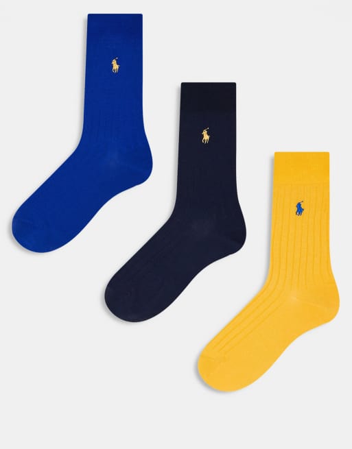 Polo Ralph Lauren – Zestaw 3 par skarpetek z bawełny egipskiej w kolorach niebieskim i żółtym z logo