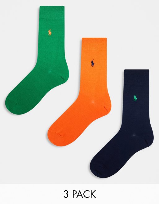 Polo Ralph Lauren – Zestaw 3 par skarpetek z merceryzowanej bawełny w kolorze pomarańczowym, zielonym i granatowym