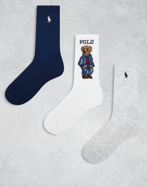 Polo Ralph Lauren – Zestaw 3 par skarpetek z misiem i logo w kolorach szarym, białym i granatowym