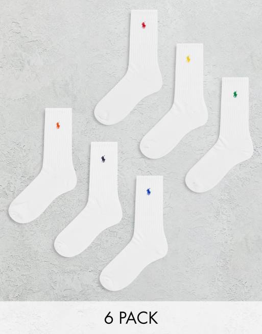 Polo Ralph Lauren – Zestaw 6 par białych skarpetek z różnokolorowym logo gracza