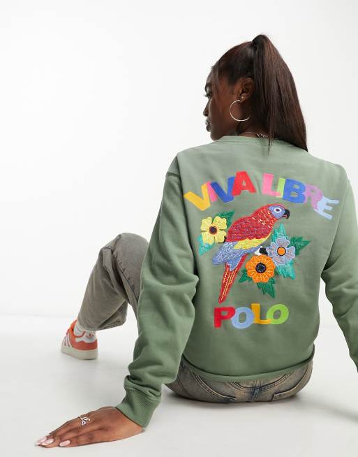 Polo Ralph Lauren – Zielona bluza o pudełkowym kroju z wyszytym logo z motywem papugi z tyłu