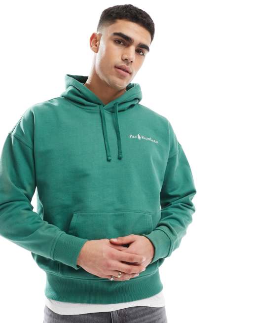 Polo Ralph Lauren – Zielona gruba polarowa bluza oversize z kapturem, napisem i logo gracza