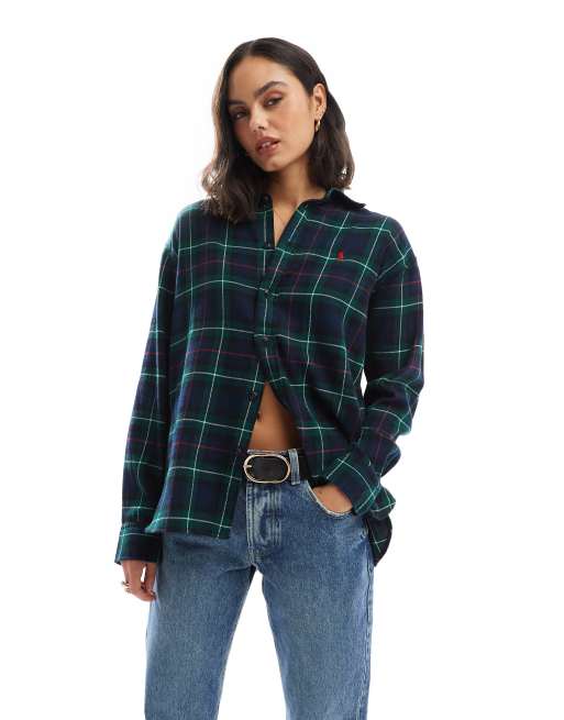Polo Ralph Lauren – Zielona koszula o luźnym kroju w kratę z logo