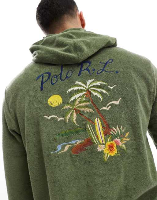 Polo Ralph Lauren – Zielona lekka bluza z kapturem z bawełnianego materiału terry z haftowanym motywem na plecach