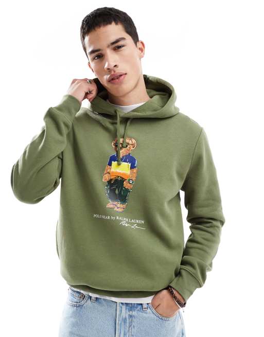 Polo Ralph Lauren – Zielona polarowa bluza z kapturem i nadrukiem z misiem