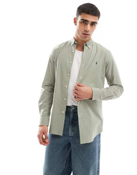 Polo Ralph Lauren icon logo slim fit gingham check stretch poplin shirt in green/white