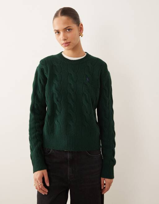 Polo Ralph Lauren – Zielony sweter z dzianiny o warkoczowym splocie z okrągłym dekoltem i logo