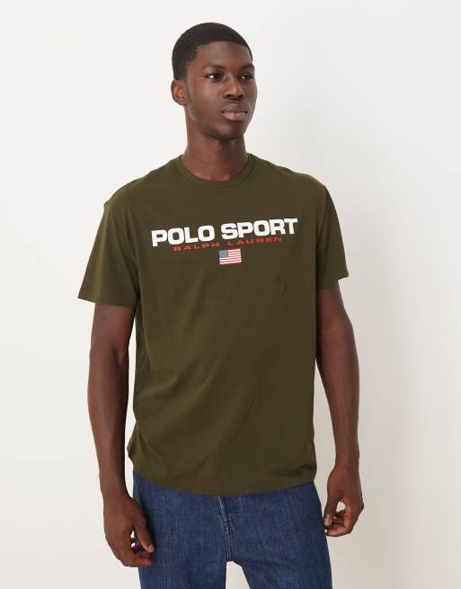 Polo Ralph Lauren – Zielony T-shirt oversize ze sportowym nadrukiem i flagą na piersi