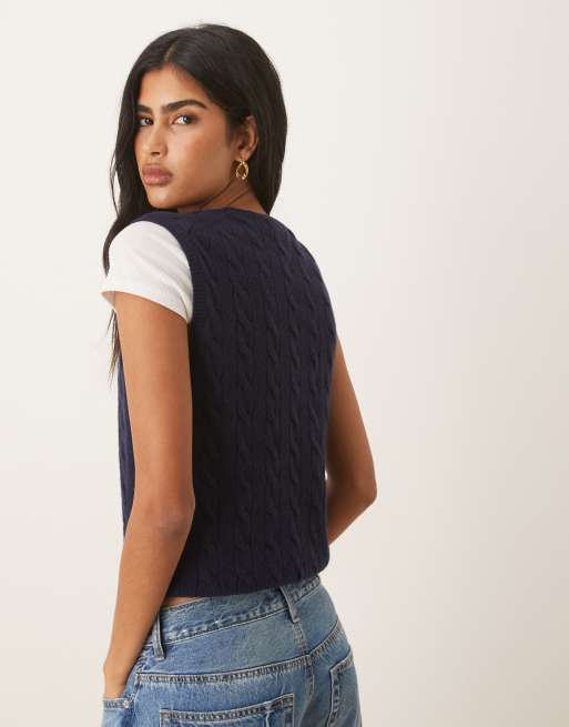 Polo Ralph Lauren – Zopfstrick-Pullunder in Marineblau mit hohem Wollanteil, 4 von 4