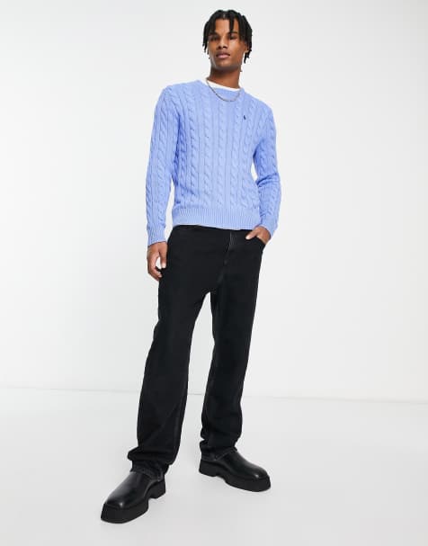 Polo Ralph Lauren – Zopfstrickpullover in Hellblau meliert aus Baumwolle mit Markenlogo - view 1