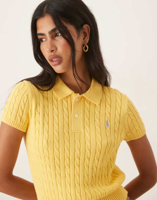 Polo Ralph Lauren – Żółty sweter o krótkim fasonie z krótkim rękawem z dzianiny o warkoczowym splocie
