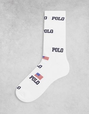 Polo Ralph sport socks in white with all over flag logo