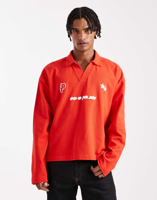 Polo rojo de manga larga y corte cuadrado extragrande con hombros caídos y estampados gráficos deportivos de piqué grueso de ASOS DESIGN