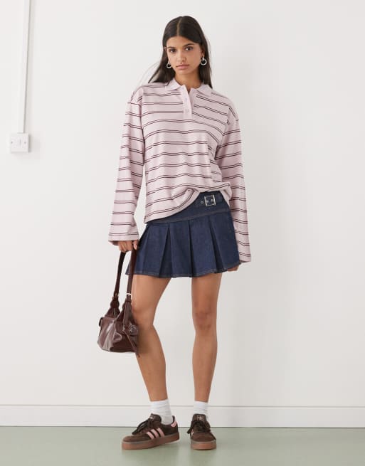 Polo rosa claro y marrón a rayas extragrande de manga larga y estilo rugby de Monki, 2 de 4