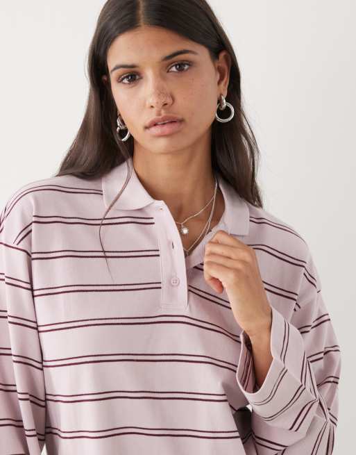 Polo rosa claro y marrón a rayas extragrande de manga larga y estilo rugby de Monki, 4 de 4