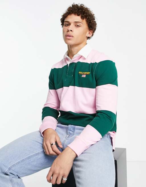 Polo rosa y verde a rayas estilo rugby con diseño color block de la colección cápsula Sports de Polo Ralph Lauren