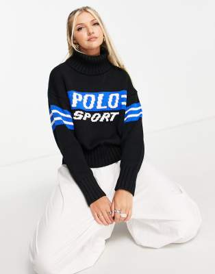 Polo Sport Ralph Lauren roll neck knitted jumper in black ASOS