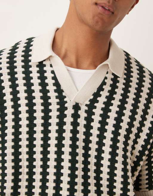 Polo verde a rayas texturizadas extragrande con muesca en el cuello de punto de ASOS DESIGN, 3 de 4