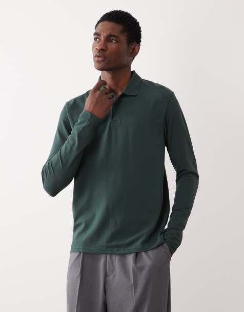 Polo verde básico de manga larga de piqué Essentials de ASOS DESIGN - view 1