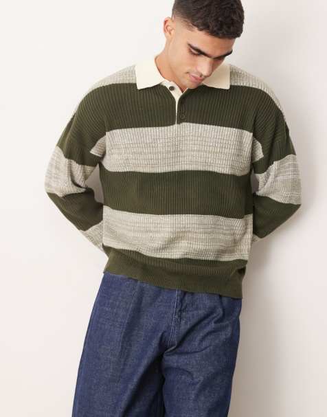 Polo verde caqui jaspeado a rayas holgado estilo rugby de punto de ASOS DESIGN - view 1
