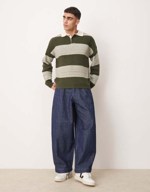 Polo verde caqui jaspeado a rayas holgado estilo rugby de punto de ASOS DESIGN, 2 de 4