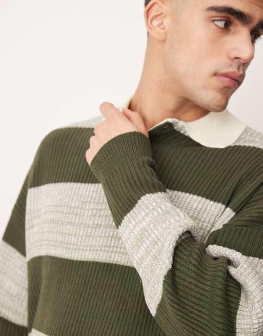 Polo verde caqui jaspeado a rayas holgado estilo rugby de punto de ASOS DESIGN, 3 de 4