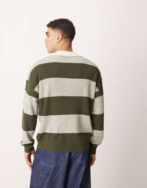 Polo verde caqui jaspeado a rayas holgado estilo rugby de punto de ASOS DESIGN, 4 de 4