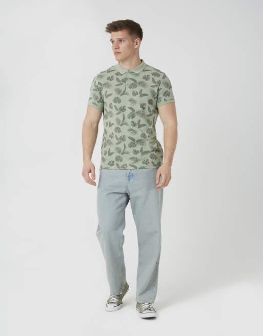 Polo verde menta con estampado de hojas de algodón de Brave Soul, 2 de 4