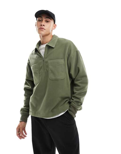 Polo verde oliva extragrande de estilo rugby de felpa de ASOS DESIGN
