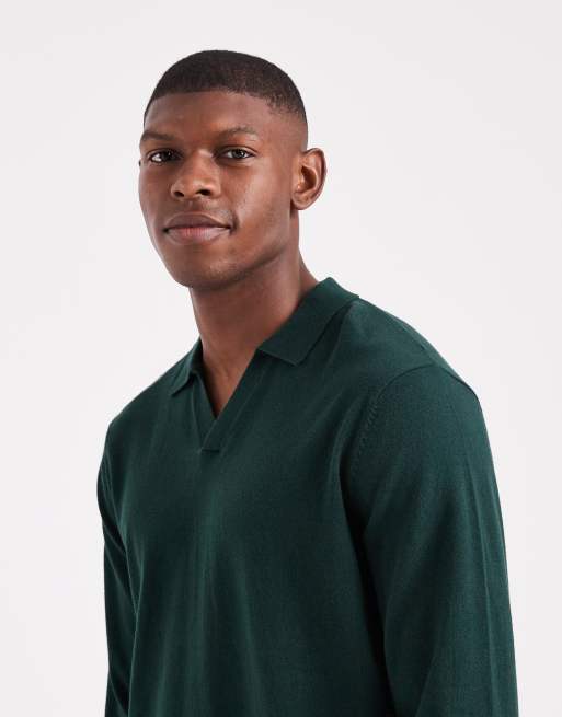 Polo verde oscuro básico de manga larga con muesca en el cuello de punto de ASOS DESIGN, 4 de 5