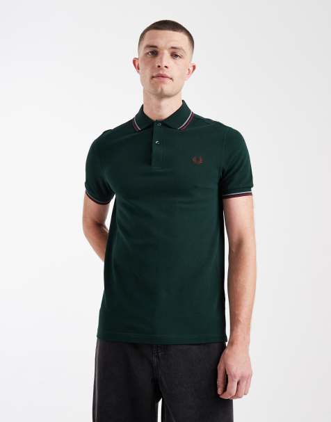 Polo verde oscuro con ribetes dobles y logo de Fred Perry - view 1