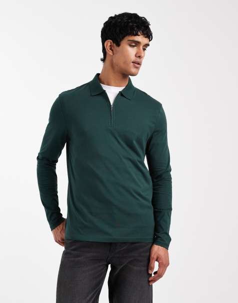 Polo verde oscuro de manga larga y corte estándar de algodón SUPIMA premium de ASOS DESIGN - view 1