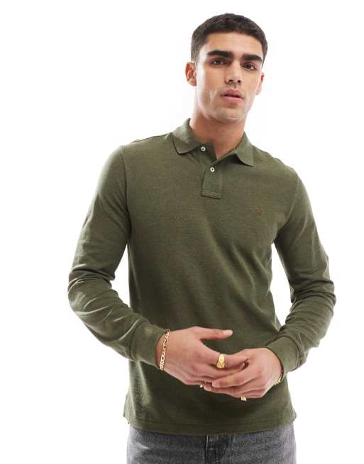 Polo verde oscuro jaspeado de manga larga con logo de piqué de Polo Ralph Lauren