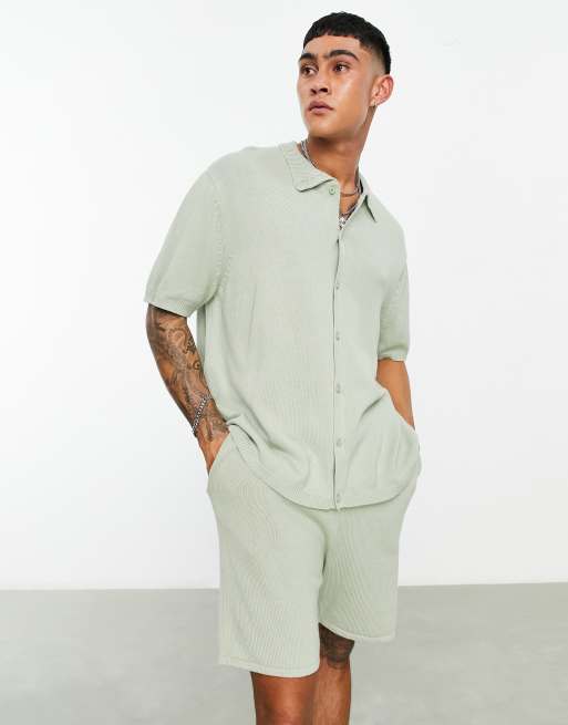 Polo verde salvia abotonado extragrande de punto de grosor medio de algodón de ASOS DESIGN (parte de un conjunto)