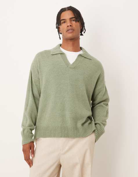 Polo verde salvia jaspeado de corte cuadrado ultragrande con muesca en el cuello de punto de ASOS DESIGN - view 1