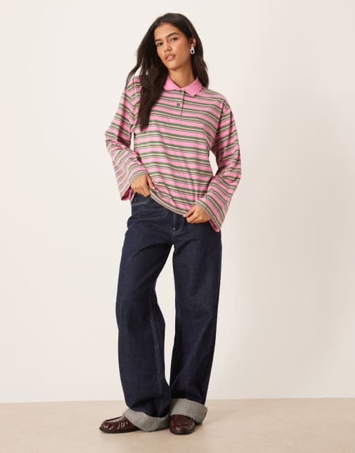 Polo verde y rosa a rayas de manga larga de AWARE ASOS
