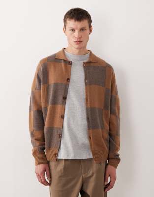 Pompeii - Karierte Polo-Strickjacke in Braun und Grau mit Knopfleiste-Bunt Bunt S