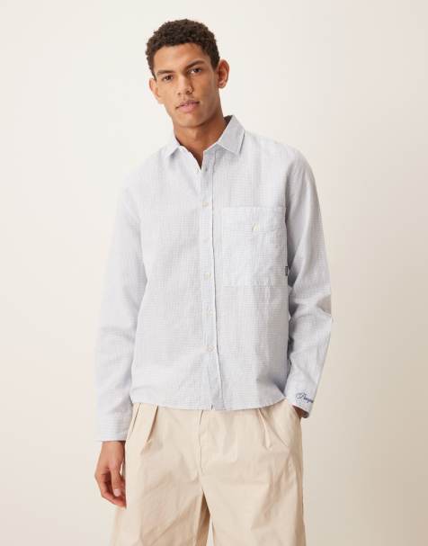 Pompeii micro check long sleeve linen shirt in blue - view 1